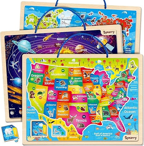 SYNARRY Large USA World Solar System Wooden Magnetic Puzzles for Kids Ages 4-6, Wood Puzzles Educ... | Amazon (US)