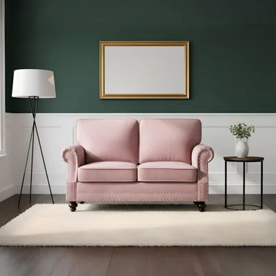 Traditional Velvet Loveseat Sofa with Nailhead Detail & Solid Wood Turned Legs, 2-Seater Upholstered Couch for Living Space | Wayfair North America