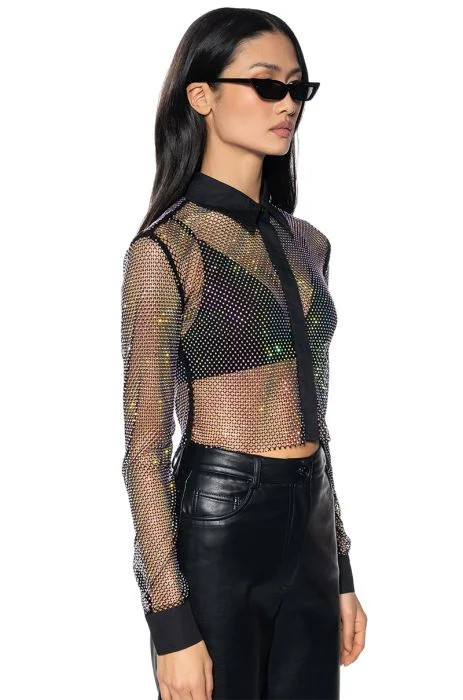 CLUB VIP RHINESTONE MESH BUTTON DOWN SHIRT in black AB | AKIRA