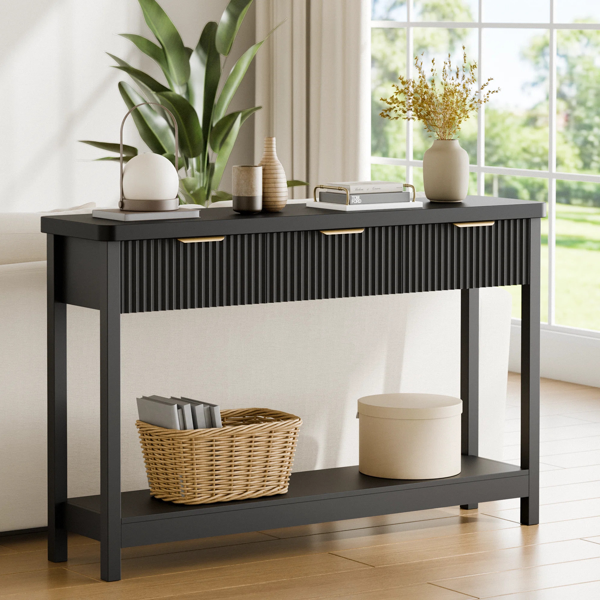 Mercer41 51-Inch Modern Water Ripple Console Table With 3 Wooden Drawers, Slim Entryway & Behind ... | Wayfair North America