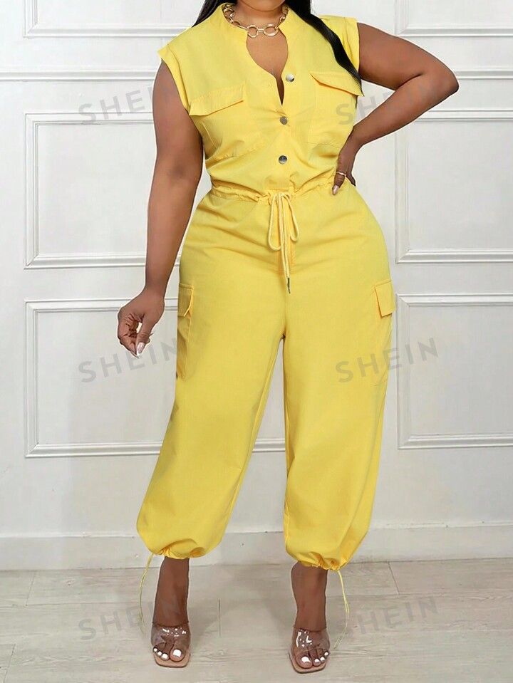 SHEIN Slayr Plus Size Elegant & Daily Wear V-Neck Sleeveless Jumpsuit, Yellow. Featuring Drawstri... | SHEIN