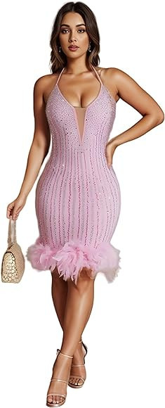 Figdaw Sparkly Rhinestone Embellished Dresses for Women Sexy Party Night | Amazon (US)