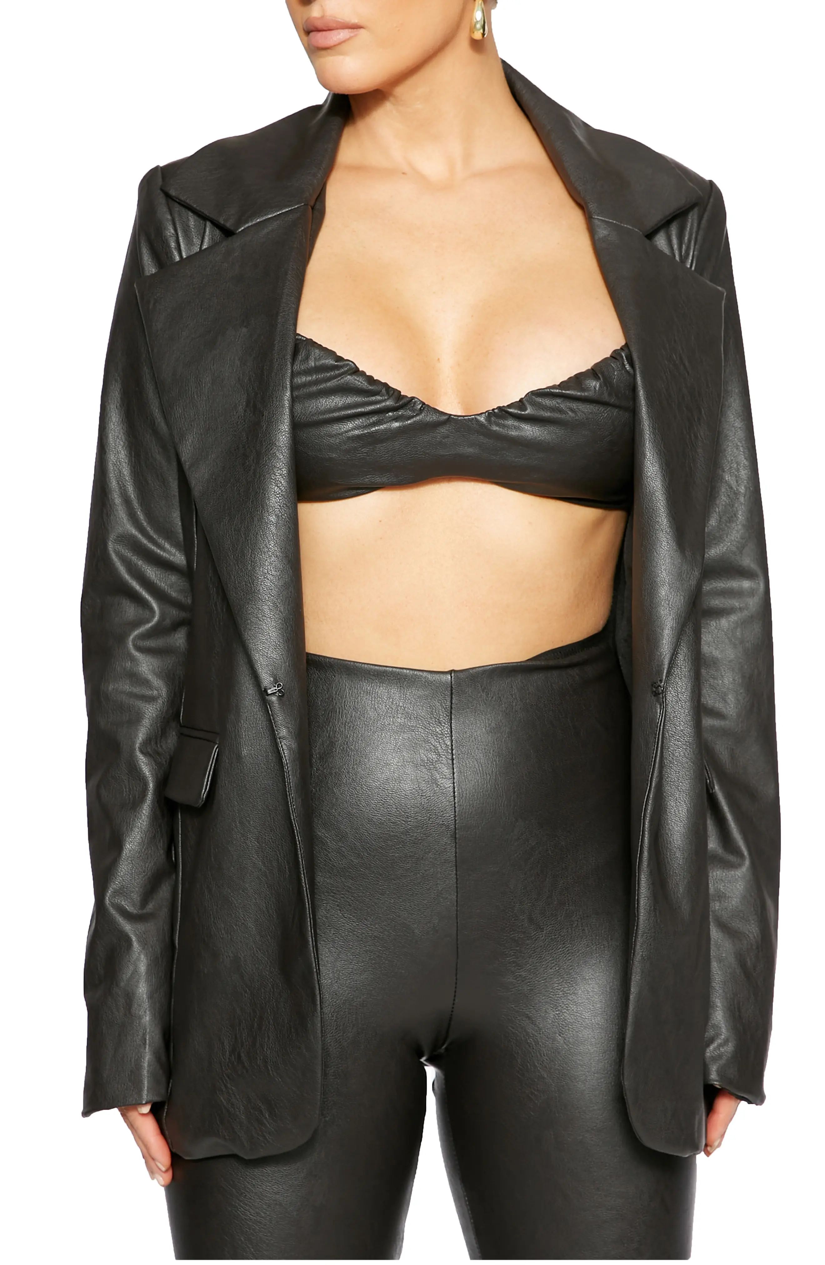 Naked Wardrobe Faux Leather Blazer in Black at Nordstrom, Size X-Small | Nordstrom