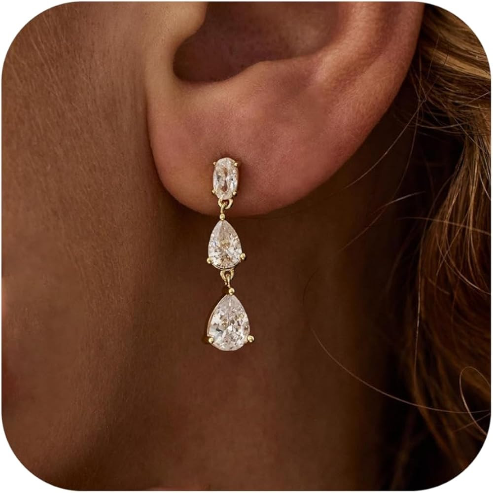 Ewrkbr Dangle Earrings for Women, Elegant Wedding Earrings 14K Gold Plated Long Cubic Zirconia Dr... | Amazon (US)
