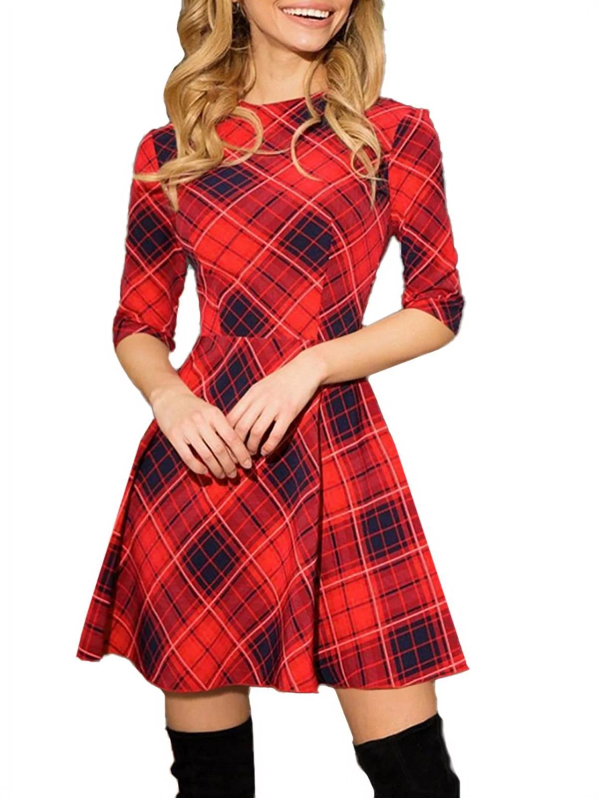 Julycc Womens Christmas Plaid Check Mini Swing Dress Cocktail Party Skater Dress - Walmart.com | Walmart (US)