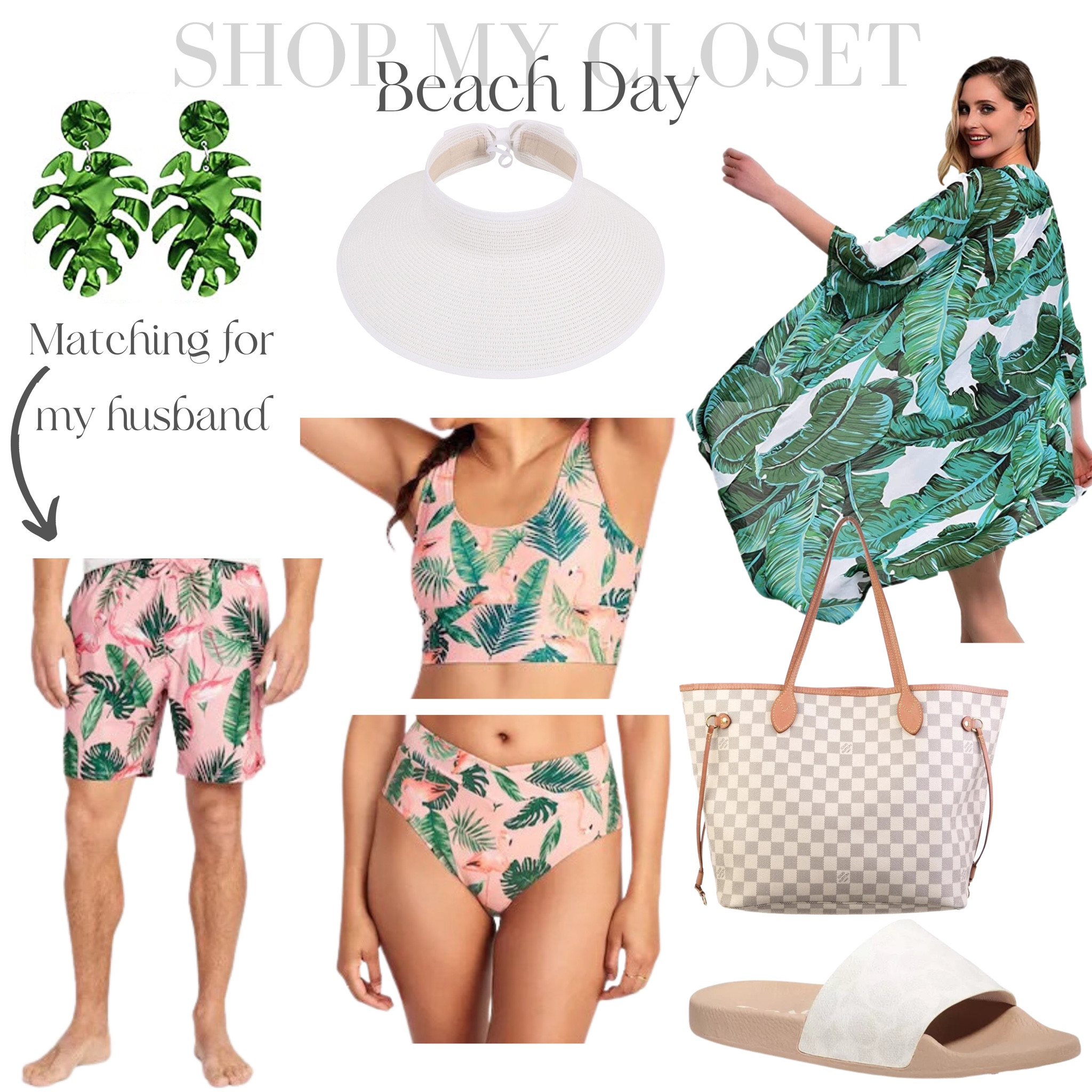 Beach, pool, or boat day outfit. Palm print coverup, Louis GM Neverfull tote, Coach poolside slides, marching flamingo and palm bathing suits from Old Navy. Palm earrings from Amazon white wrap beach hat 

#beachoutfit #pool #summeroutfit #bikini #amazonfashion #oldnavy 

#LTKFind #LTKSeasonal #LTKfamily