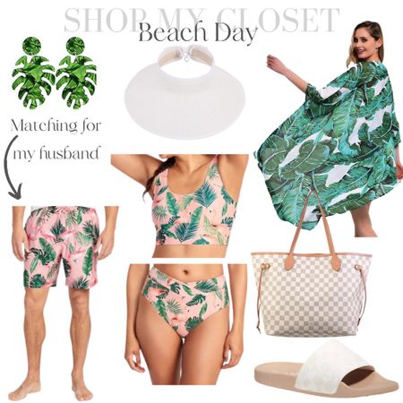 Beach, pool, or boat day outfit. Palm print coverup, Louis GM Neverfull tote, Coach poolside slides, marching flamingo and palm bathing suits from Old Navy. Palm earrings from Amazon white wrap beach hat 

#beachoutfit #pool #summeroutfit #bikini #amazonfashion #oldnavy 

#LTKFind #LTKSeasonal #LTKfamily