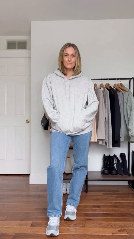 Jeans. Spring outfit. Spring outfit idea. Casual outfits. Casual outfit idea. Hooded sweatshirt. Hoodie. Straight leg jeans. Dad shoes. New Balance shoes. Mom outfit.

#LTKfindsunder50 #LTKSeasonal #LTKfindsunder100