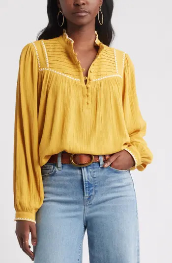 Treasure & Bond High Neck Embroidered Long Sleeve Top in Yellow Myth at Nordstrom Rack, Size Xx-Large | Nordstrom Rack