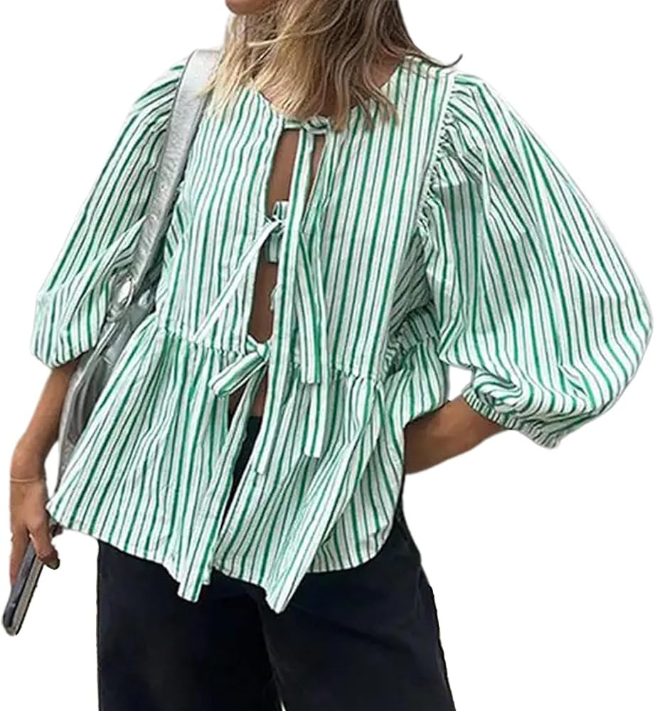 Tie Front Tops Women Y2k Leopard Print Peplum Babydoll Top 3/4 Length Puff Sleeve Coquette Tops C... | Amazon (US)