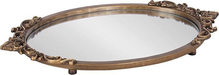 Kate and Laurel Arendahl Vintage Oval Mirrored Decorative Tray, 17 x 10, Antique Gold, Traditional Ottoman Tray for Living Room Home Decor with Ornate Detailing | Amazon (US)