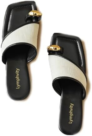Lymphvity Women's Ring Toe Metal Flat Sandals Summer Slip-on Square Open Toe Non-Slip Beach Flats... | Amazon (US)