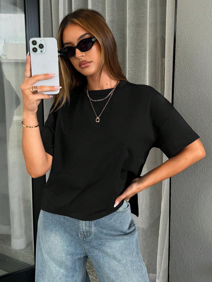 Siren Gaze Women Simple Basic Short Front Long Back T-Shirt | SHEIN