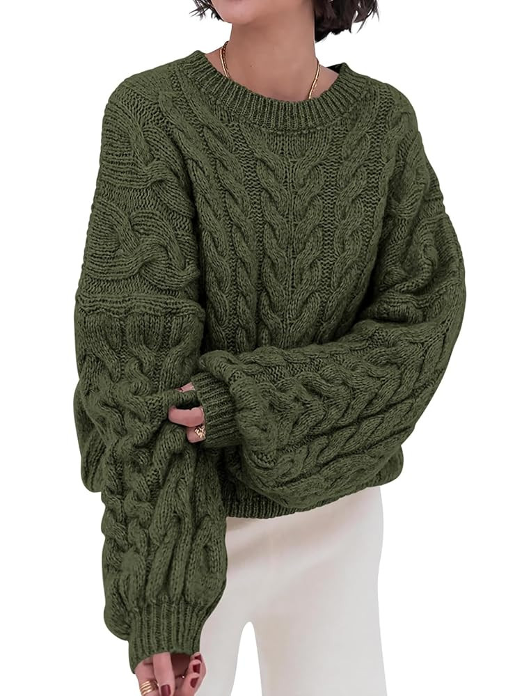 PRETTYGARDEN Womens Sweaters Fall 2025 Cable Knit Long Sleeve Crewneck Oversized Sweater Chunky P... | Amazon (US)