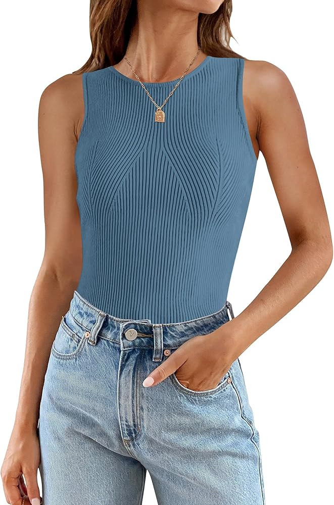 ZESICA Womens 2025 Ribbed Tank Tops Summer Sleeveless High Neck Casual Slim Fitted Basic Knit Shi... | Amazon (US)
