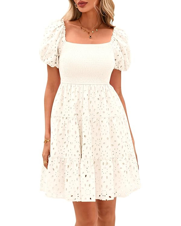 PRETTYGARDEN Womens Summer Puff Sleeve Mini Dress Off Shoulder Eyelet Smocked A Line Casual Babyd... | Amazon (US)