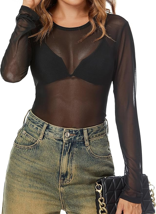 AKEWEI Womens Mesh Long Sleeve Tops Crew Neck Sexy See Through Tee Shirts Party Club Night Lace B... | Amazon (US)