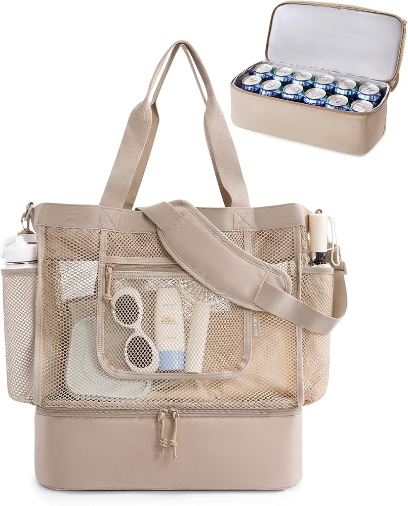 BAGSMART Beach Bag for Women, Mesh Tote Bags with Zipper, Sandproof Vacation Essentials with Cool... | Amazon (US)