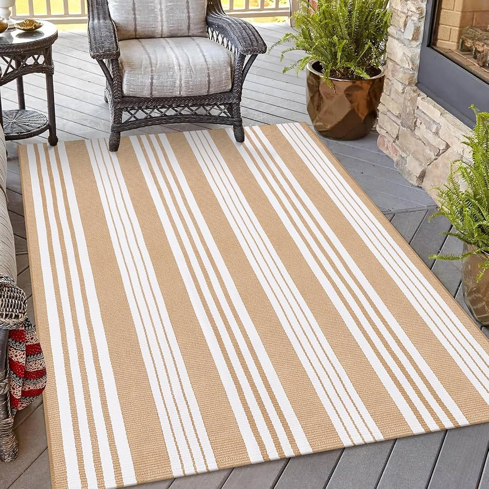 OJIA Outdoor Area Rug 4'x6', Khaki and White Outdoor Rug Machine Washable Patio Rugs Cotton Hand ... | Amazon (US)