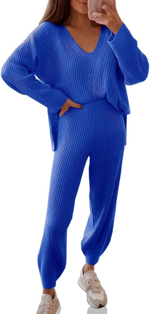 Tankaneo Womens Knit Sets Oversized V Neck Sweaters and Wide Leg Pants Fall Loungewear Trendy 2 P... | Amazon (US)