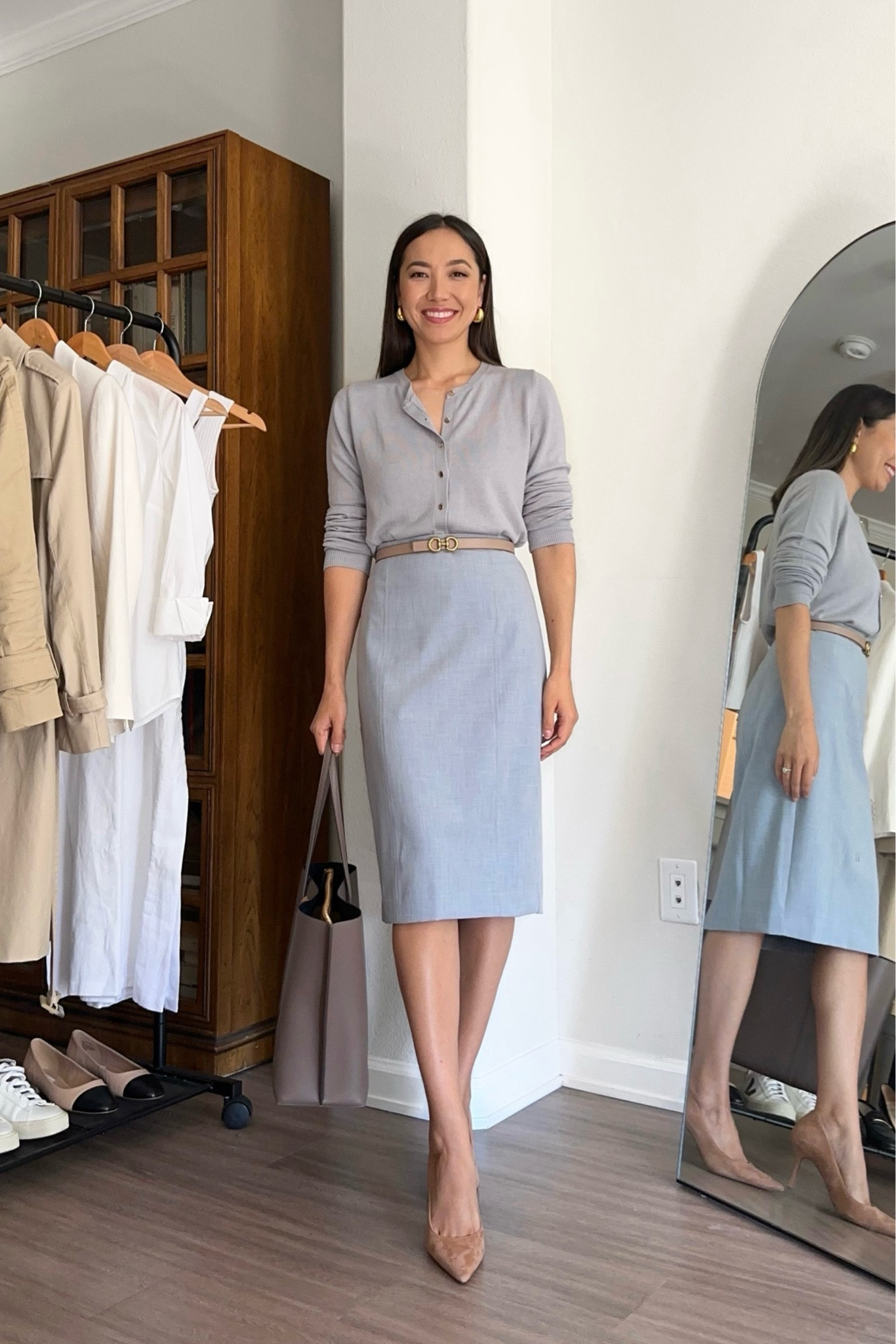 Fall workwear styling a skirt - all old items, linked to similar styles 

Cardigan 
High waist pencil skirt 
Mila suede pumps 

Ann Taylor / workwear skirt / classic workwear 

#LTKStyleTip #LTKWorkwear