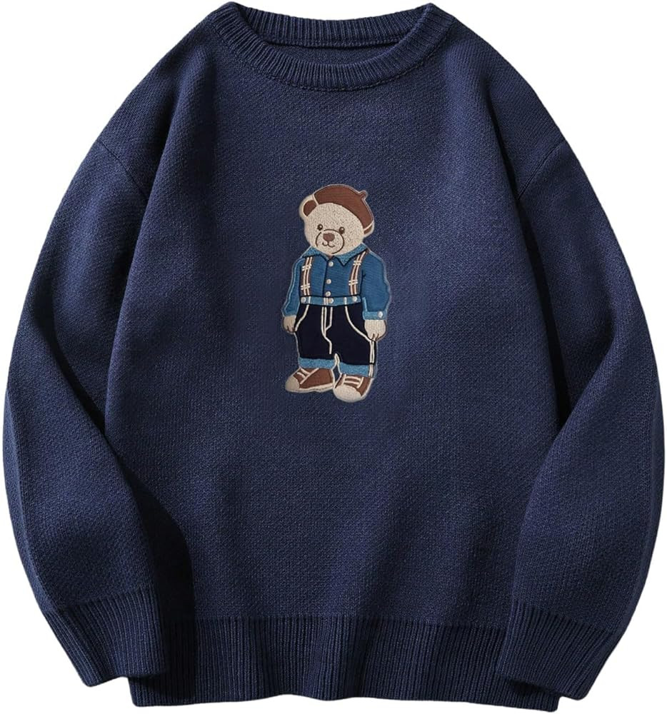 SHENHE Men's Oversized Crew Neck Cute Bear Sweater Vintage Unisex Preppy Graphic Sweater Jumper | Amazon (US)