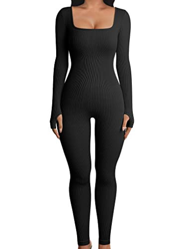 OQQ Women Long Sleeve Yoga Jumpsuits Workout Ribbed Bodysuits Pants Sexy One Piece Black | Amazon (US)