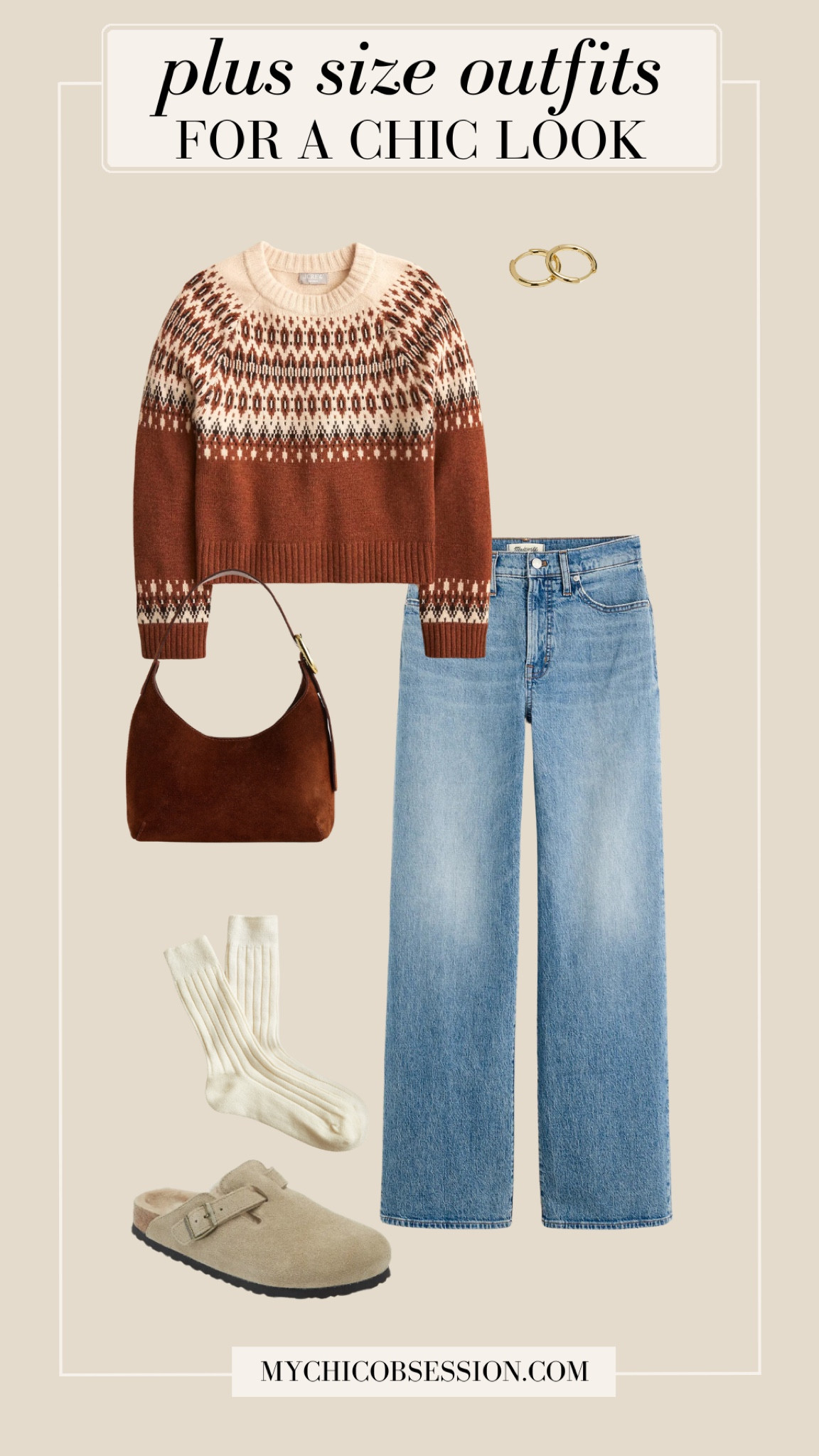 Create a casual winter outfit with a Fair Isle print sweater, wide-leg jeans, a suede bag and shearling-lined Birkenstock clogs.

#LTKSeasonal #LTKPlusSize #LTKHoliday