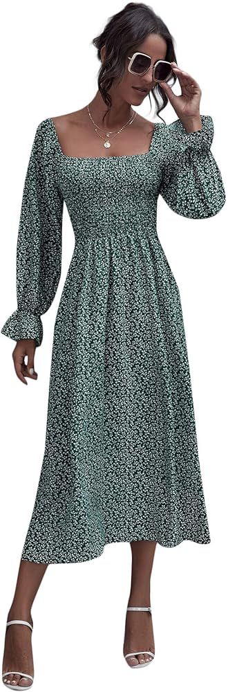 Floerns Women's Boho Square Neck Smocked Long Puff Sleeve A Line Maxi Dress | Amazon (US)