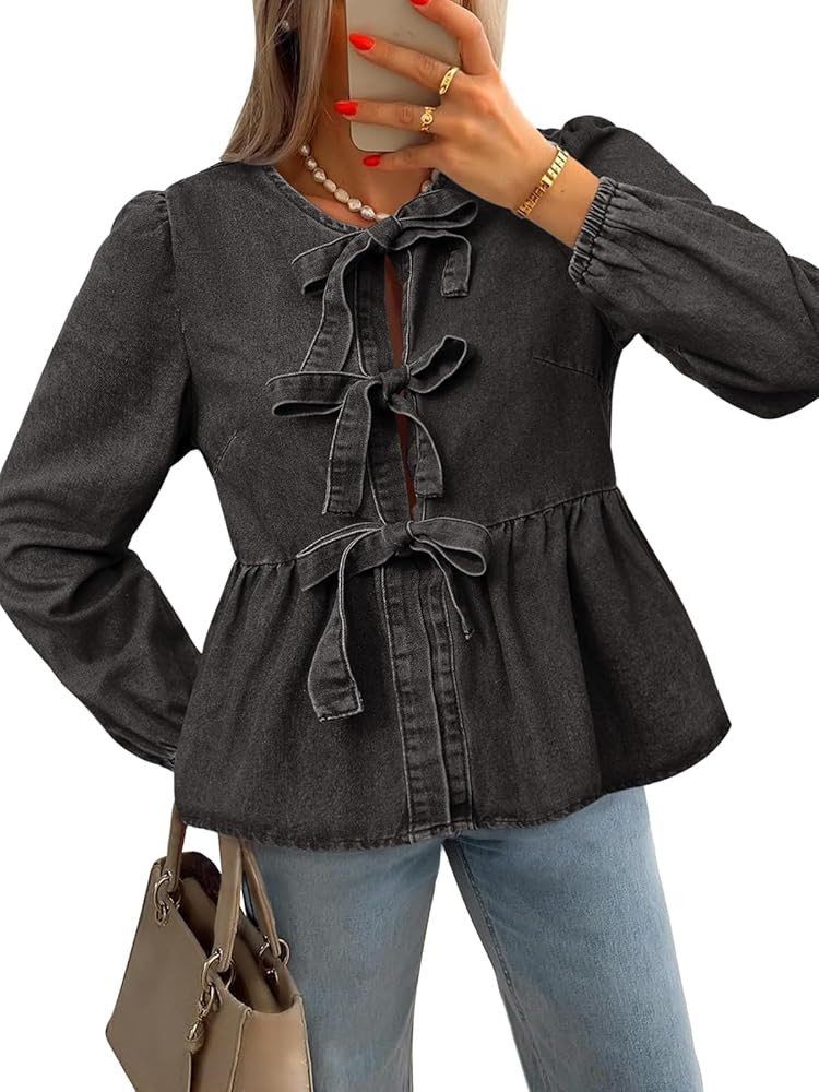 Tankaneo Womens Denim Tie Front Tops Babydoll Peplum Cute Blouse Puff Long Sleeve Going Out Jean ... | Amazon (US)