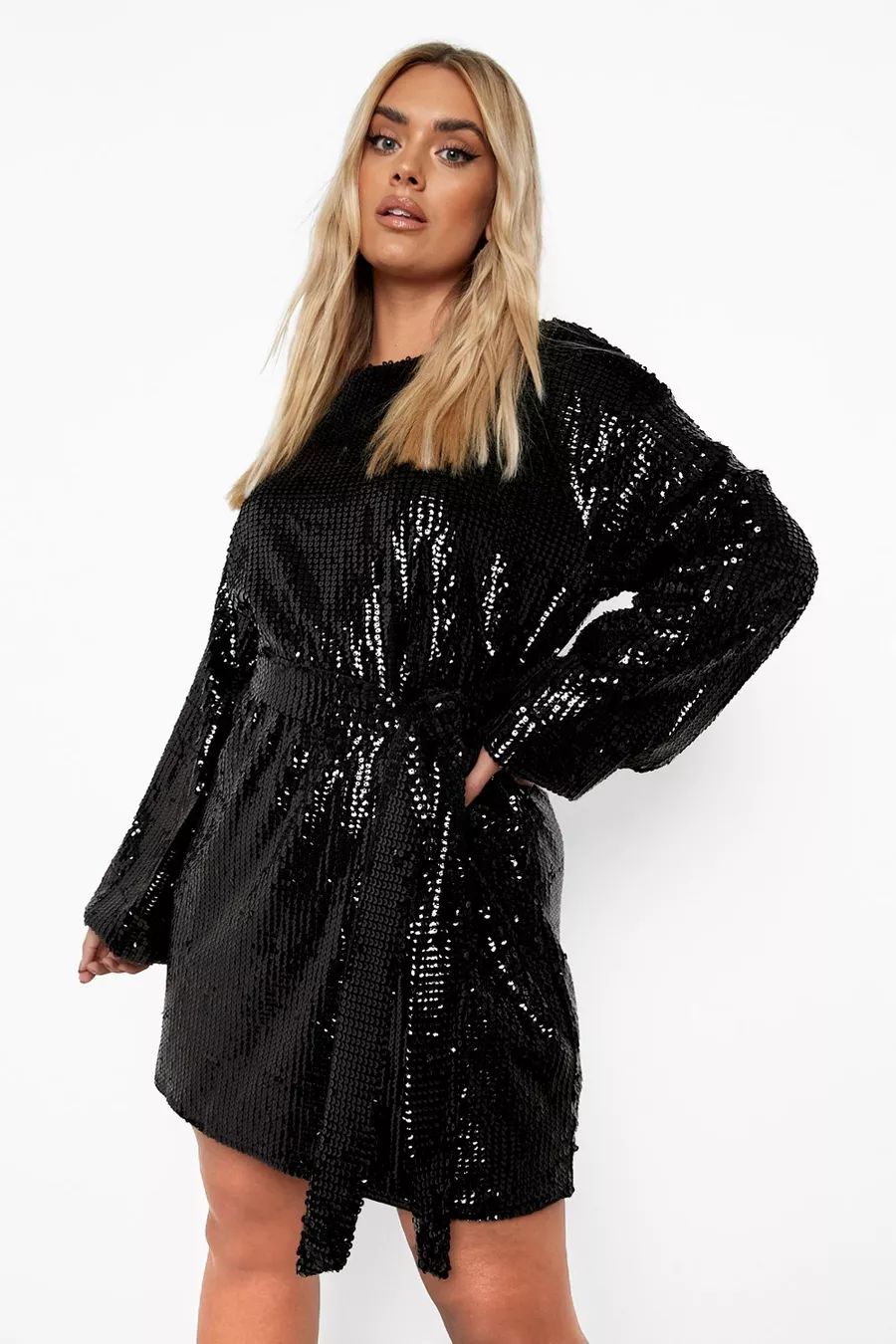 Plus Sequin Belted Blouson Sleeve Shift Dress | Boohoo.com (UK & IE)