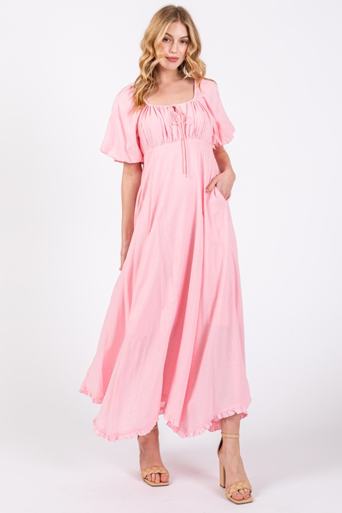 Pink Front Tie Puff Sleeve Maxi Dress | PinkBlush Maternity