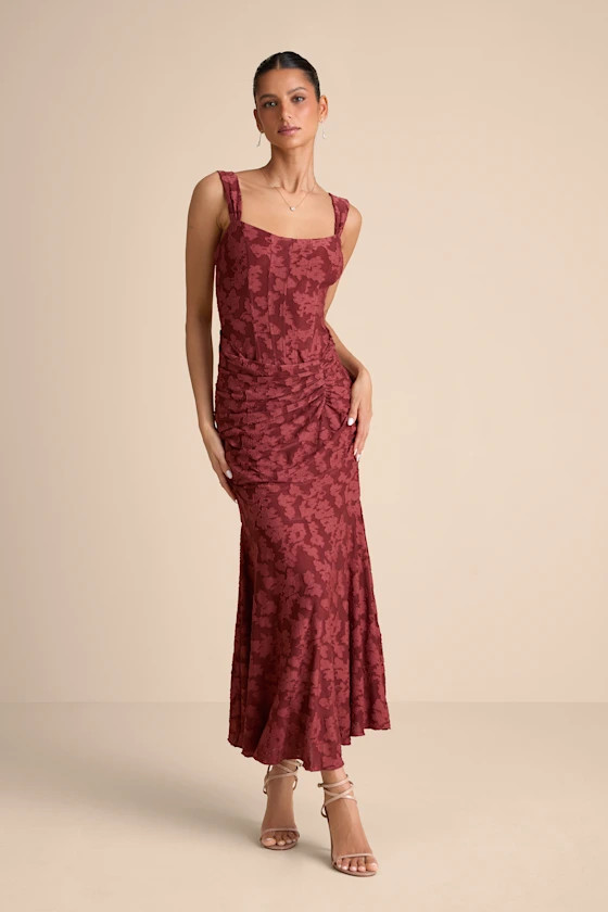 Celeste Rust Red Floral Burnout Bustier Maxi Dress | Lulus