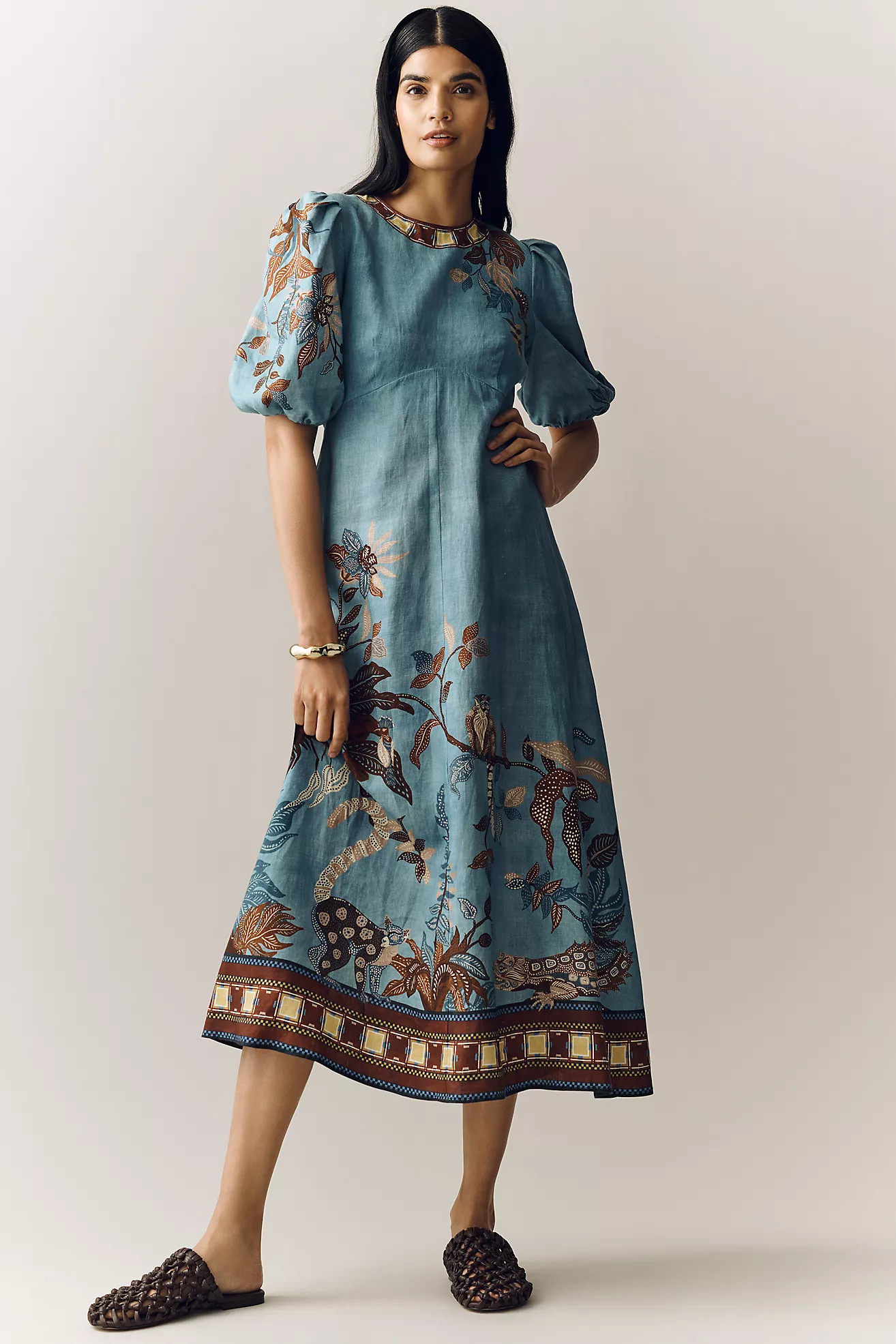 ALÉMAIS Georgie Puff Sleeve Linen Midi Dress | Anthropologie (US)