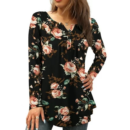 FOLUNSI Womens Plus Size Tunic Tops Long Sleeve Casual Floral Henley Shirts M-4XL | Walmart (US)