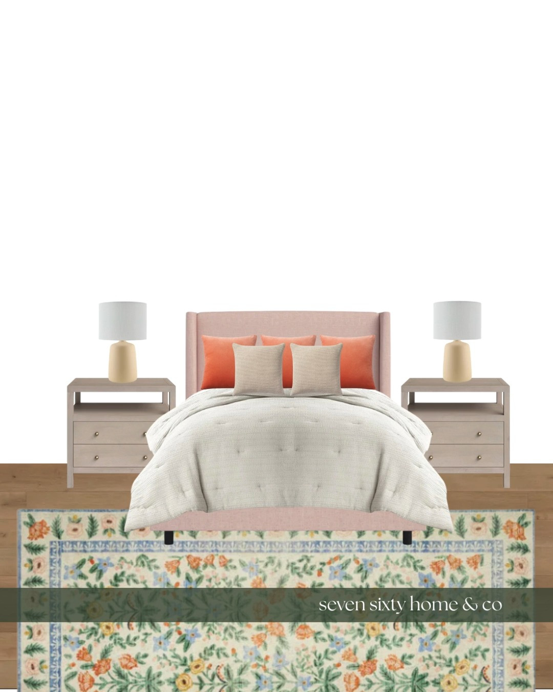 A full bedroom built around the Post Pastoral aesthetic, where soft structure meets romantic pattern and lived-in warmth. The blush pink upholstered bed sets a gentle, grounded focal point, layered with creamy neutral bedding for balance. A floral patterned area rug adds movement and heritage charm underfoot, bringing in soft greens, warm neutrals, and muted botanical tones that keep the room feeling collected rather than precious.

Paired nightstands and warm table lamps create symmetry and ease, while the overall palette leans into pink, ivory, sage, and soft wood tones for a look that feels pastoral but updated. Everything here is sourced from Wayfair, making this an attainable take on a trend that often feels styled out of reach.

Designed to feel calm, romantic, and quietly intentional, this is a whole room that works together, not just a collection of pretty pieces. 

 #LTKHome #LTKSaleAlert