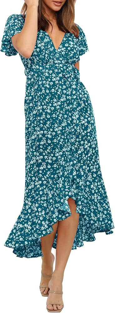 ZESICA Women's Summer Bohemian Floral Printed Wrap V Neck Beach Party Flowy Ruffle Midi Dress | Amazon (US)