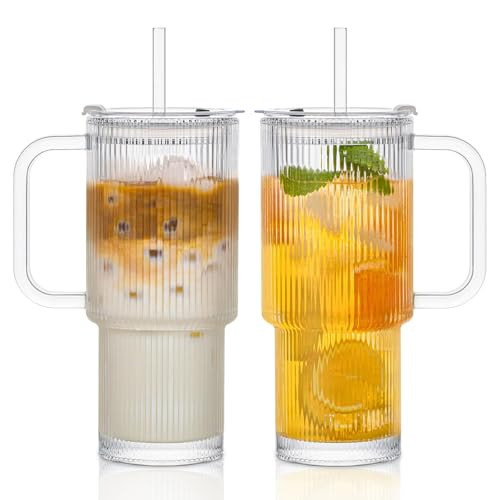 INSETLAN 26oz Ribbed Glass Tumbler with Handle & Lid – 2-Pack Large Iced Coffee Cups with Straws, Modern Glass Mug for Cold & Hot Beverages, Aesthetic Travel Cup for Smoothies, Tea, and Juice | Amazon (US)