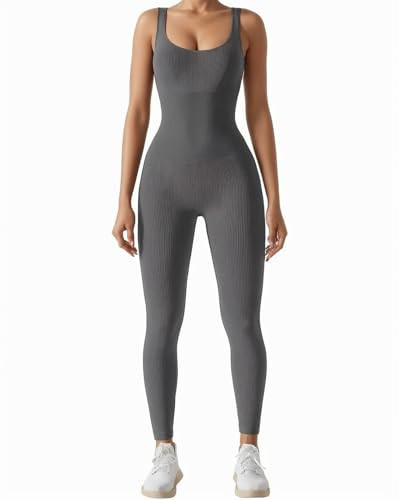 AURUZA Jumpsuit for Women Workout Seamless Jumpsuits Yoga Ribbed One Piece Tank Tops Rompers Sleeveless Exercise Jumpsuits, XXL, Grey | Amazon (US)