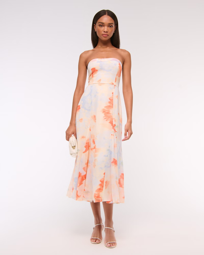The A&F Camille Strapless Godet Midi Dress | Abercrombie & Fitch (US)