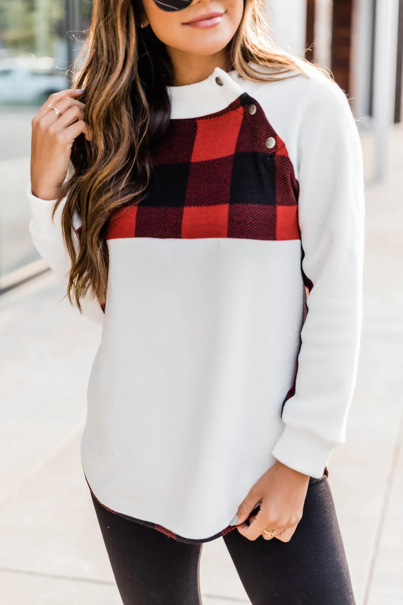 Dear To My Heart White/Red Plaid Pullover | The Pink Lily Boutique