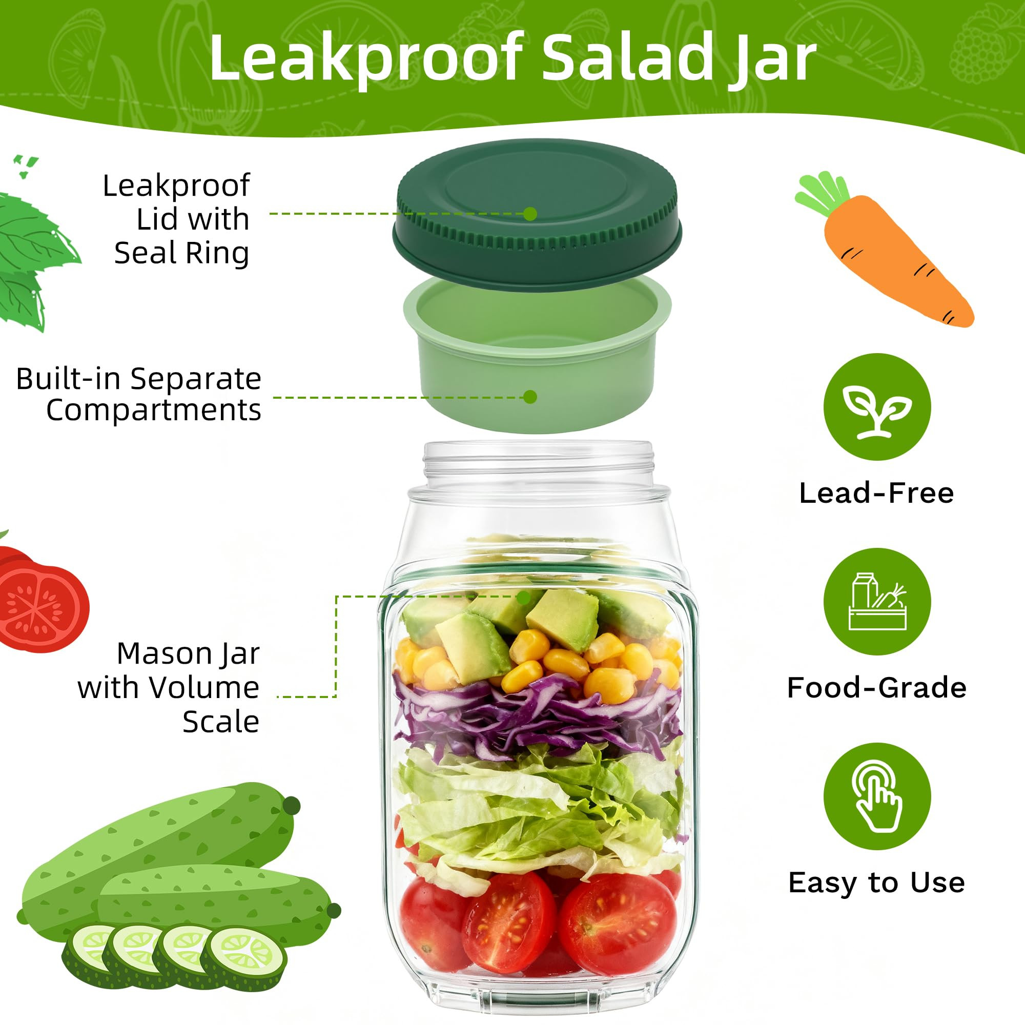 Salad Container with Side Opening, Leak-Resistant Lunch Container with Dressing Cup & Lid, Microw... | Amazon (US)