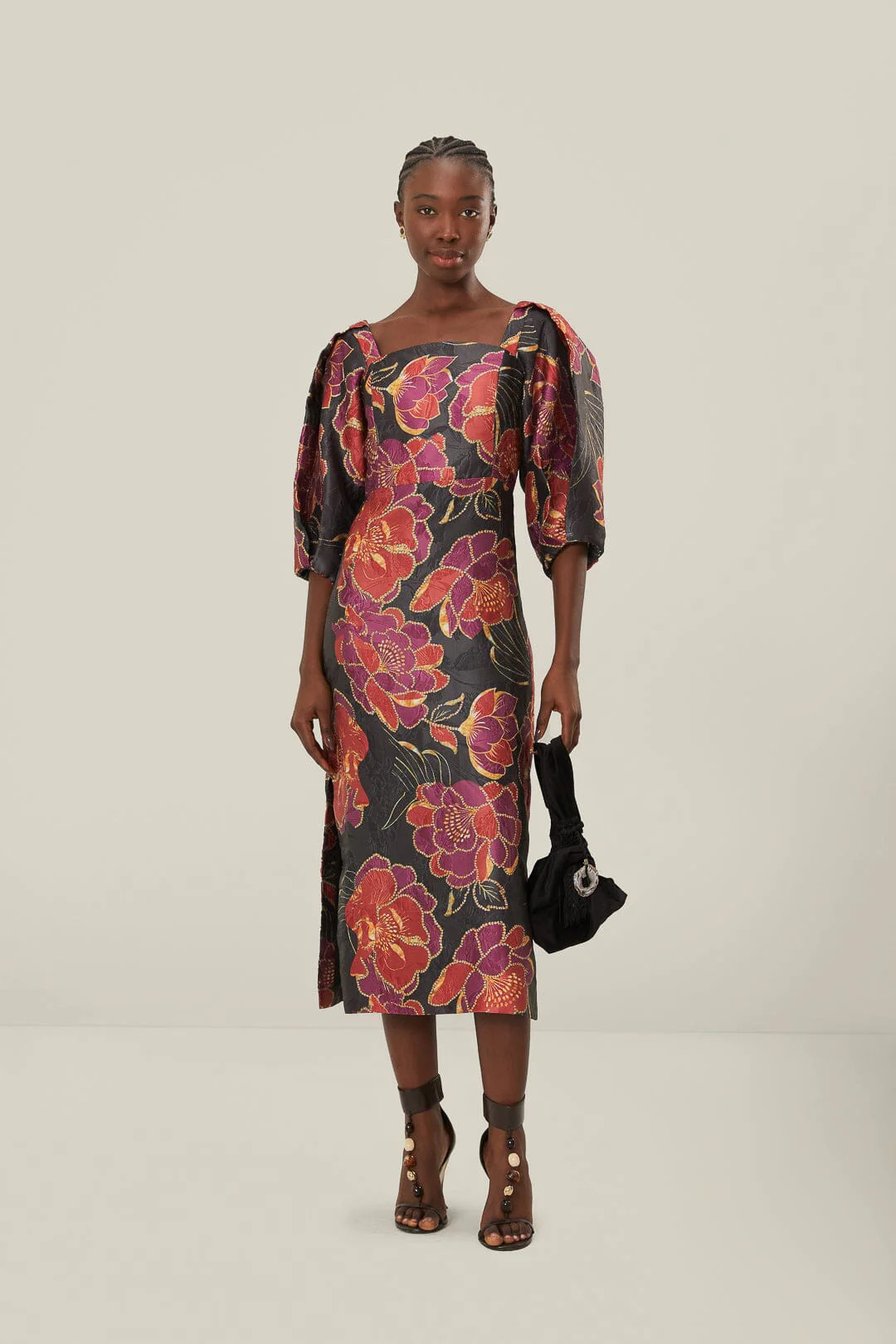 Black Shiny Chita Short Sleeve Midi Dress | FarmRio (US)