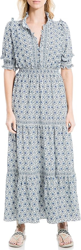 Max Studio Women's Elbow Length Sleeve Print Tiered Maxi Dress | Amazon (US)