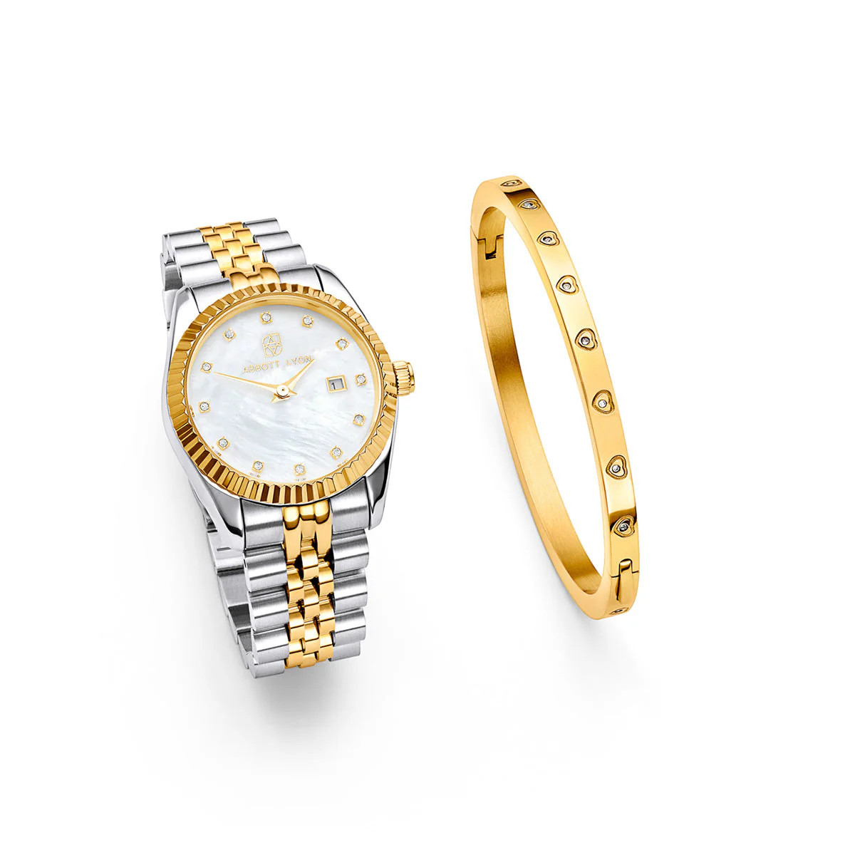 Pearl Belgravia & Crystal Heart Bangle Set (Gold) | Abbott Lyon