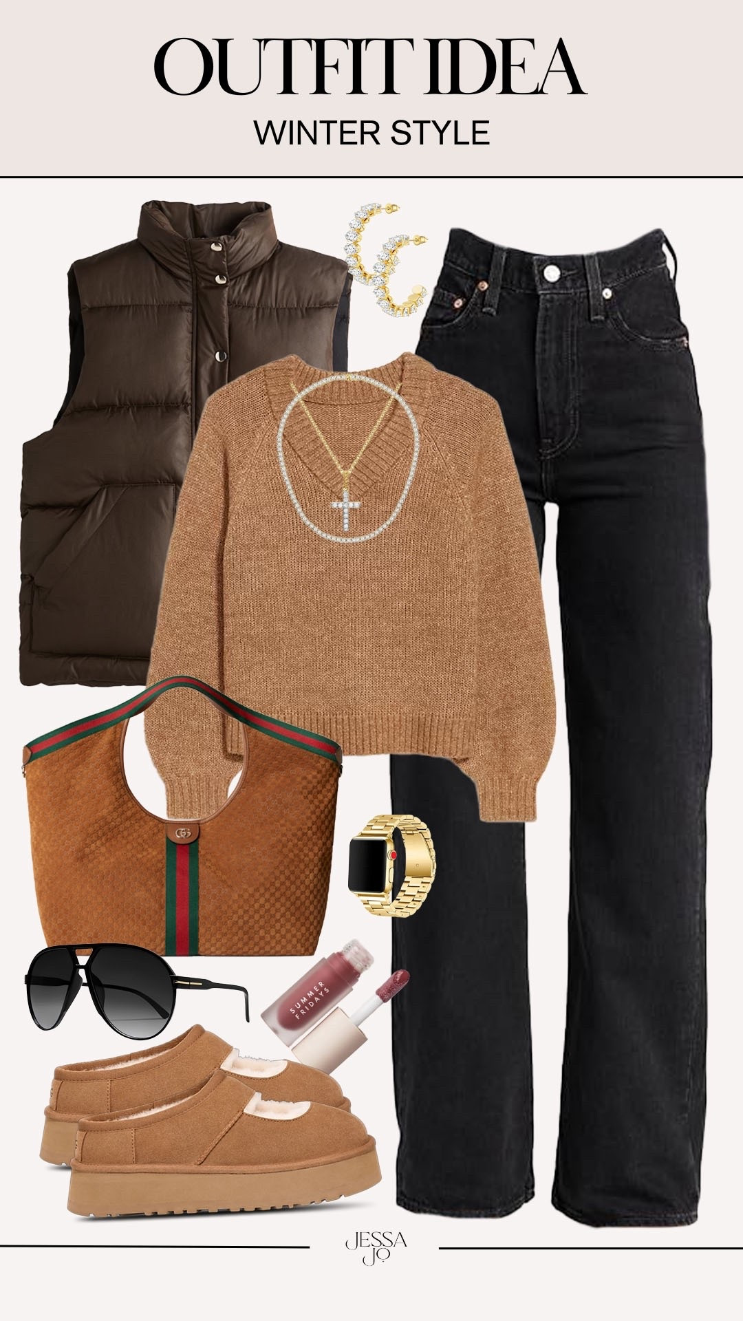 Chic winter style. Neutral winter style. Cozy winter sweater. Flattering denim. Black wide leg Levi’s jeans. Amazon finds. Amazon fashion. Gucci tote. How to style a gucci tote. Brown puffer vest. Trendy Ugg Mary Jane platform slippers  

#LTKFindsUnder100 #LTKootd #LTKSeasonal