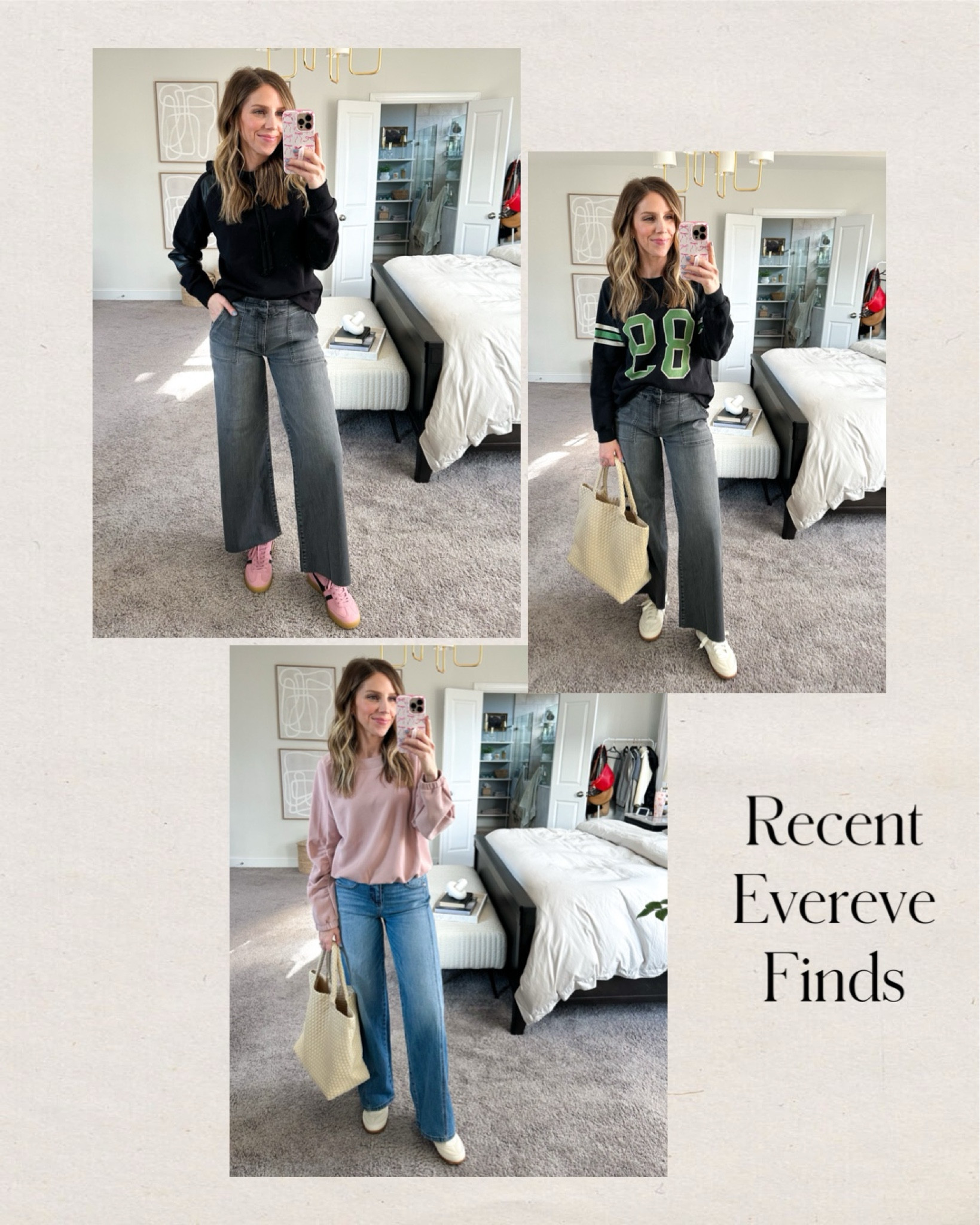 A few recent finds from @evereveofficial to make my favorite outfit combo of a sweatshirt, jeans, and sneakers! Wearing small in all 3 sweatshirts - fit TTS. Kut from the Kloth jeans run big - size down 1. NB sneakers fit TTS. Pink Gola sneakers sold out, so I linked a couple alternative options!  #everevepartner #everevestyle 

 