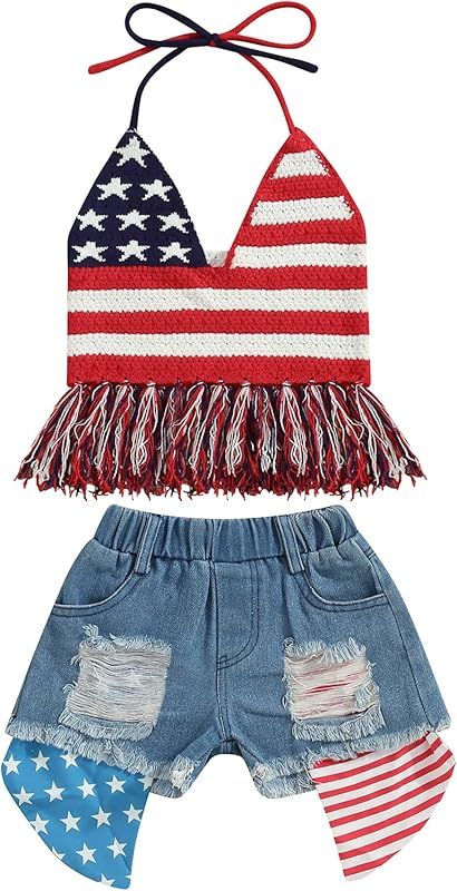 Unabated Toddler Girls 4th of July Outfit Little Kids Fourth of July Clothes American Flag Halter... | Amazon (US)