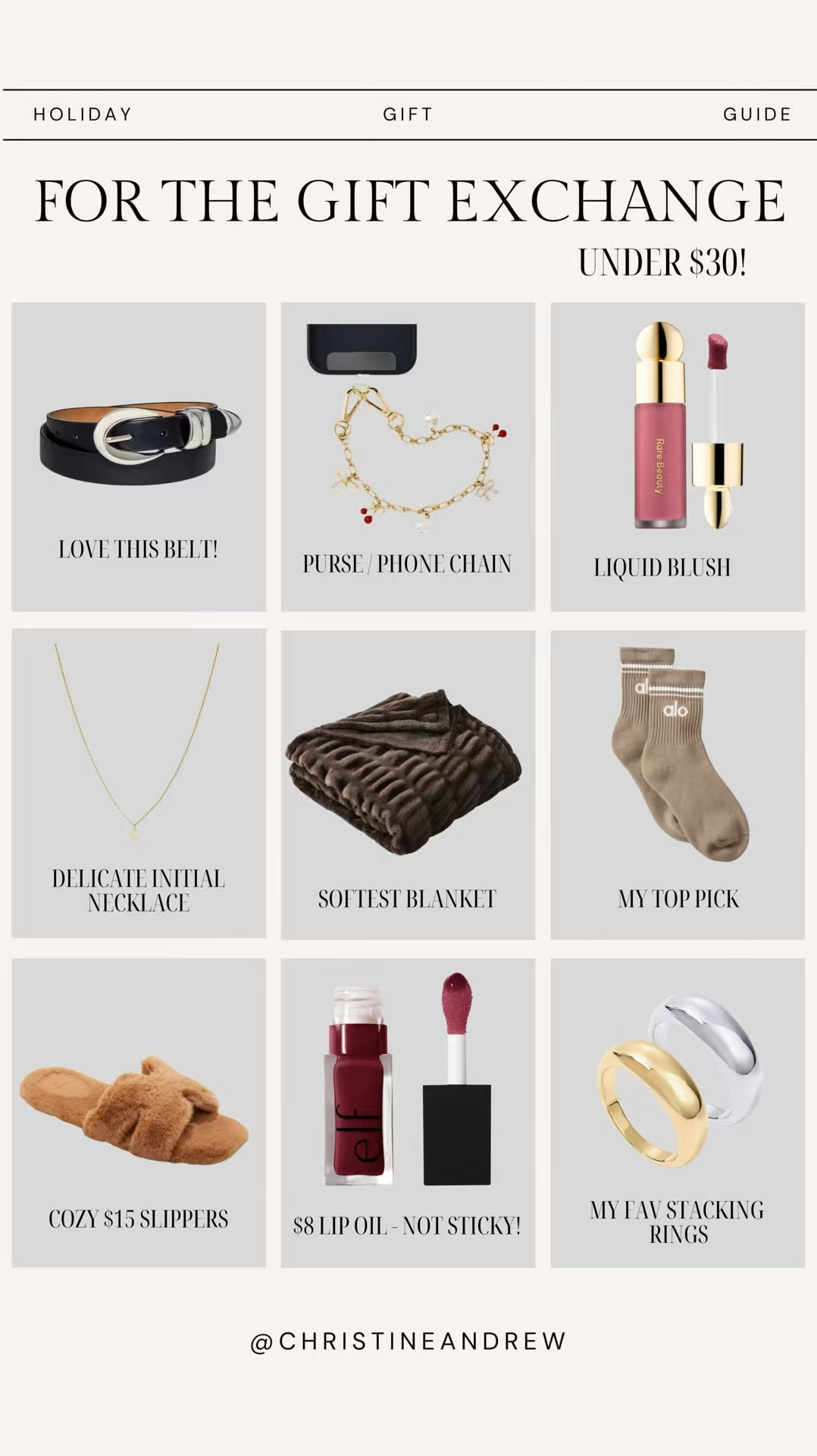 Gift exchange gift guide under $30 🤎

Bestie gift, friend gift, gift for her, stocking stuffer, alo socks, teacher gift, mom gift, sister gift, white elephant gift, brown blanket, soft blanket, rare beauty, amazon finds, target slippers, phone chain, purse chain, women’s belt, Christine Andrew 

#LTKFindsUnder50 #LTKHoliday #LTKGiftGuide
