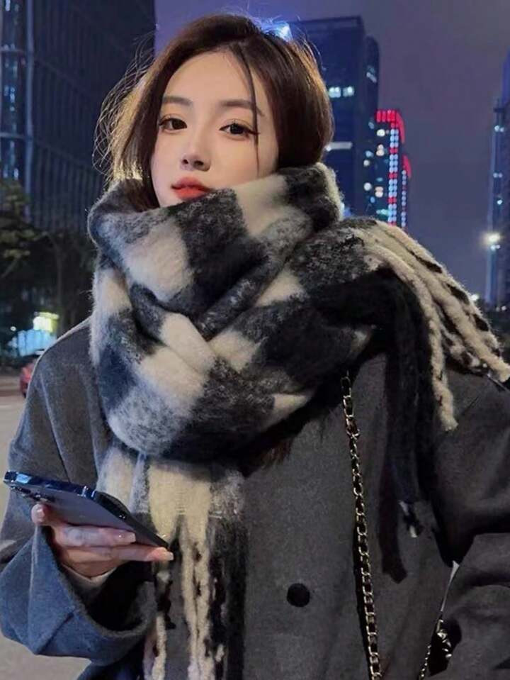 Luxurious Thick Black & White Plaid Scarf For Women, Imitation Cashmere, Suitable For Autumn & Wi... | SHEIN